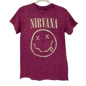 Officially Licensed Nirvana Nevermind Smiley Grunge Tee Magenta Acid Wash Small